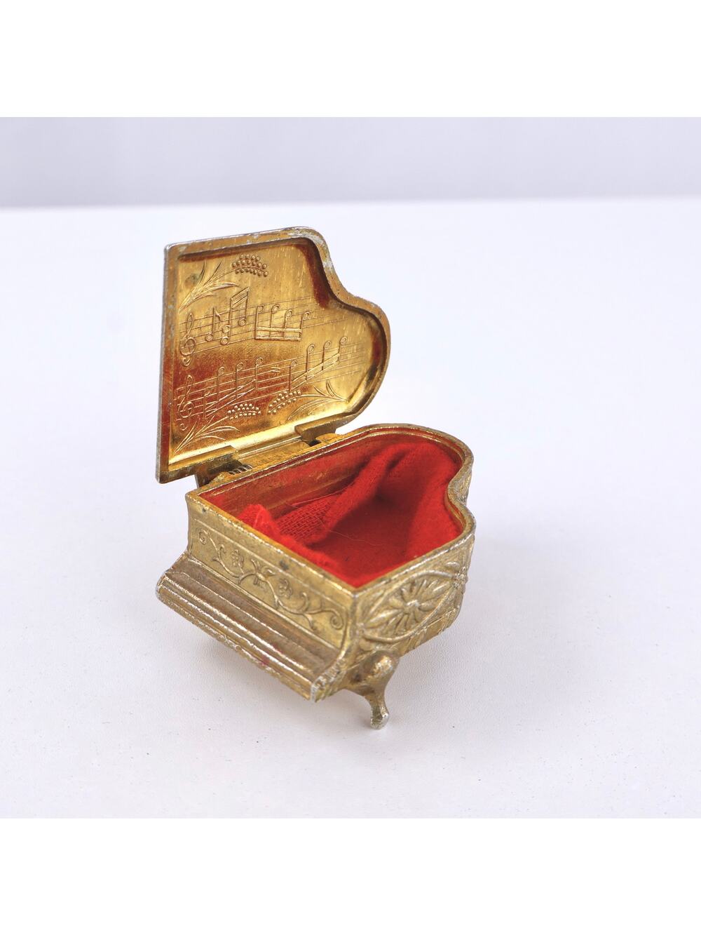 Vintage Mid Century Mini Grand Piano Trinket Box Gold Metal Red Velvet Japan